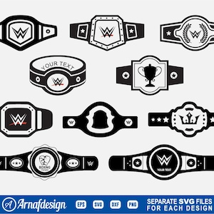 May include: Set of ten black and white wrestling championship belt designs. Each belt features a different design, including stars, a crown, a trophy, and the letter "W".