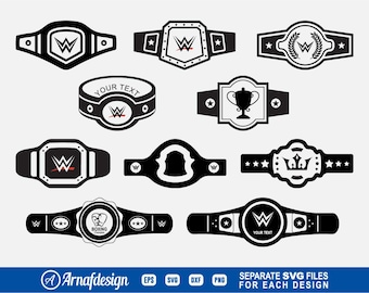 May include: Set of ten black and white wrestling championship belt designs. Each belt features a different design, including stars, a crown, a trophy, and the letter "W".