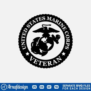 May include: A black and white United States Marine Corps Veteran emblem. The design features an eagle perched atop a globe, with an anchor, surrounded by a circular border with text. The text reads "United States Marine Corps" and "Veteran".