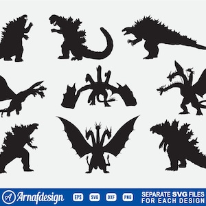 Può includere: Un set di nove illustrazioni vettoriali in silhouette nera di Godzilla e King Ghidorah, mostri iconici dei film di mostri giapponesi. Le illustrazioni sono in uno stile semplice e piatto e sono perfette per l'uso in una varietà di progetti.