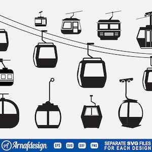 May include: A set of 12 black and white silhouette illustrations of cable cars. The cable cars are in various shapes and sizes, some with windows and some without. The illustrations are perfect for use in a variety of projects, such as scrapbooking, card making, and digital design.