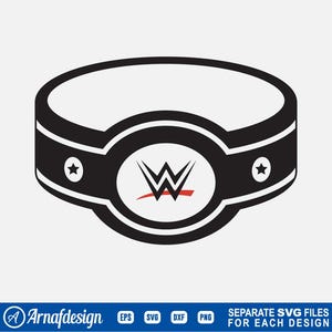 Op de afbeelding: Zwarte en witte worstelkampioensgordel met een rode streep en een ster aan elke kant. De gesp van de riem heeft een gestileerd "W"-logo.