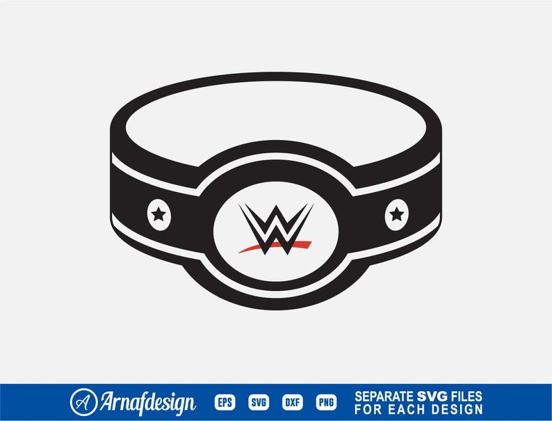 Op de afbeelding: Zwarte en witte worstelkampioensgordel met een rode streep en een ster aan elke kant. De gesp van de riem heeft een gestileerd "W"-logo.