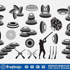 May include: A set of 20 black and white vector illustrations of clay shooting targets. The targets are in various positions, including stacked, broken, and in flight. There is also a silhouette of a person shooting a shotgun. The text "SEPARATE SVG FILES FOR EACH DESIGN" is at the bottom of the image.