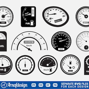 May include: A set of 12 black and white speedometer and fuel gauge icons. The gauges are circular and feature various numbers and markings, including km/h, fuel, and E.