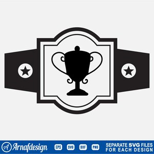 Op de afbeelding: Zwart-witte silhouet van een trofeebeker in een zwart-wit kader met twee sterren aan weerszijden. Het kader is gevormd als een kampioensgordel.