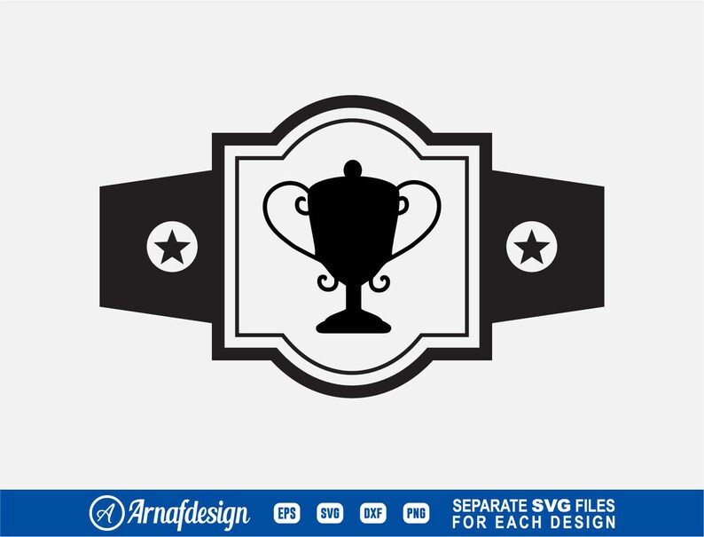 Op de afbeelding: Zwart-witte silhouet van een trofeebeker in een zwart-wit kader met twee sterren aan weerszijden. Het kader is gevormd als een kampioensgordel.