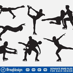 Puede incluir: Una colección de seis siluetas negras que representan varias poses de patinaje sobre hielo, incluyendo patinadores en solitario y parejas realizando levantamientos, con el texto Arnafdesign y formatos de archivo abajo.