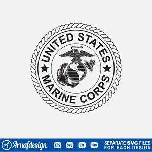 May include: A black and white United States Marine Corps emblem. The circular design features an eagle, globe, and anchor, encircled by the words "United States Marine Corps" and a rope border. The bottom of the image has the text "Arnafdesign" and file type icons.