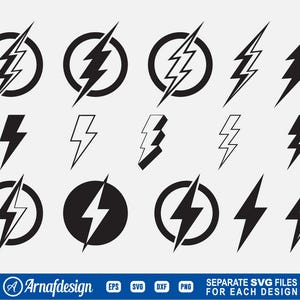 May include: A collection of black lightning bolt designs in various styles, including bolts within circles and standalone bolts. The designs are presented on a light gray background. The bottom of the image has the text "SEPARATE SVG FILES FOR EACH DESIGN".