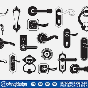 Puede incluir: Un conjunto de 16 archivos de corte SVG en silueta negra y blanca de varios diseños de pomo y manilla de puerta. Los diseños incluyen estilos tradicionales, modernos y ornamentados.