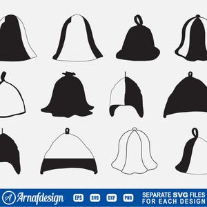 May include: A collection of twelve hat designs in black and white, presented as vector graphics. The hats vary in shape, including bell-shaped, rounded, and pointed styles. The image includes the text "Arnafdesign" and file type indicators.