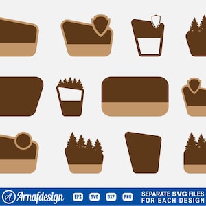 May include: A collection of brown and tan vector graphics in various shapes, including shields, rectangles, and stylized trees. The designs are suitable for digital art projects. The bottom of the image has the text "SEPARATE SVG FILES FOR EACH DESIGN".