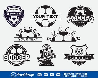 May include: A set of 10 black and white soccer logo designs. The logos feature a soccer ball, the word "soccer", and the text "Your Text".