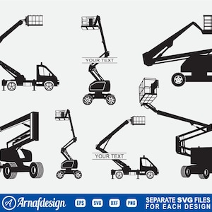 Może przedstawiać: Zestaw ośmiu czarnych sylwetkowych ilustracji różnych typów platform roboczych, znanych również jako podnośniki koszowe. Ilustracje przedstawiają platformy w różnych pozycjach, w tym rozłożone i złożone. Tekst "YOUR TEXT" pojawia się dwukrotnie na obrazku.