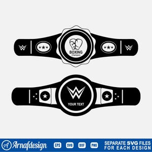 Op de afbeelding: Zwart-witte vectorillustratie van een bokskampioensgordel met een bokshandschoendesign en de tekst "Boxing Champion". De tweede gordel heeft een "W"-ontwerp en de tekst "Your Text".