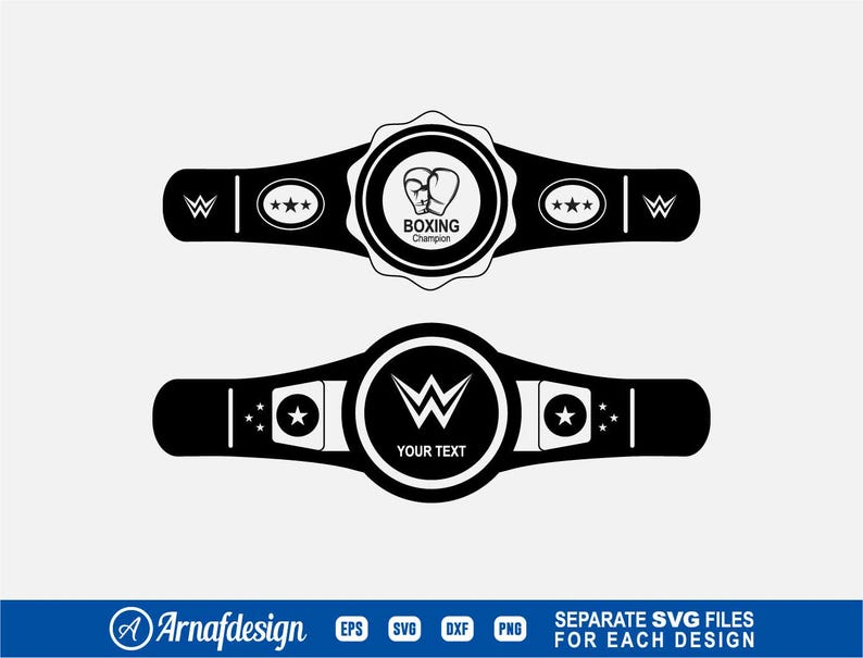 Op de afbeelding: Zwart-witte vectorillustratie van een bokskampioensgordel met een bokshandschoendesign en de tekst "Boxing Champion". De tweede gordel heeft een "W"-ontwerp en de tekst "Your Text".