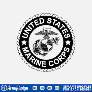 May include: A black and white United States Marine Corps emblem. The circular design features an eagle, globe, and anchor, encircled by the words "United States Marine Corps" and two stars. The design is set against a white background.