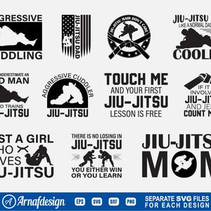 Puede incluir: Una colección de diseños SVG en blanco y negro con temática de Jiu-Jitsu. Los diseños incluyen texto como "Aggressive Cuddling", "Jiu-Jitsu Dad" y "Just a Girl Who Loves Jiu-Jitsu". Adecuado para ropa y otros productos.