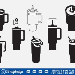 Puede incluir: Un conjunto de ocho ilustraciones en blanco y negro de vasos térmicos con tapas y pajitas. Los vasos son de diferentes formas y tamaños, algunos con asas y otros sin.