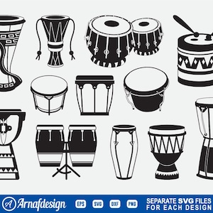 Könnte beinhalten: Ein Satz von 12 Schwarzweiß-Vektorillustrationen verschiedener Trommeltypen. Die Trommeln sind alle in einem einfachen, flachen Stil gehalten. Der Satz enthält eine Vielzahl von Trommeln, darunter eine Djembe, Bongos, eine Tabla, eine Conga und ein Pauken.