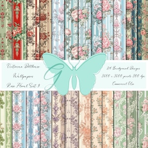 Shabby Tapete, Viktorianisches Mini Rosenmuster, 2,5cm Durchmesser, rosa Blumenstrauß, Bundle Miniaturpapier, Set 9