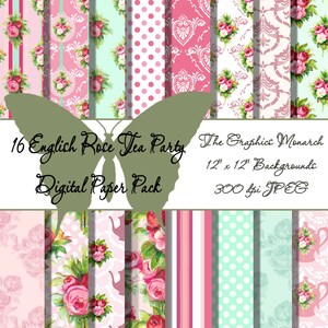 English Rose Tea Party Paper: Shabby Chic Scrapbook Backgrounds (Digital Download)
