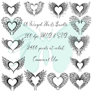 Paquete de 60 corazones alados PNG, corazones alados SVG, diseño de amor, colección de garabatos simples de San Valentín dibujados a mano