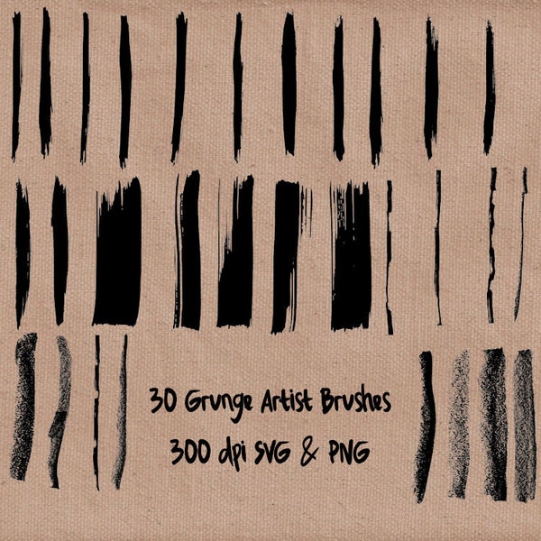 30 Artist Grunge Brushes, SVG Paint Brush Stroke Bundle, Transparent Grungy Overlay, Photo Effect Art PNG Download