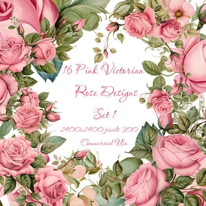 Pink Rose Clipart: Victorian Floral Art, Printable Bundle (Digital Design)