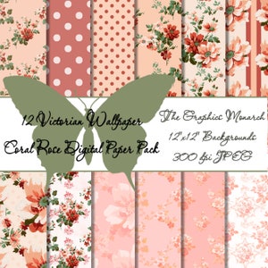 May include: A digital paper pack featuring 12 Victorian-style wallpaper designs. The patterns include floral and polka dot prints in coral, peach, and white. The text on the image reads "12 Victorian Wallpaper Coral Rose Digital Paper Pack".