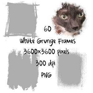 60枚の白いグランジフレームの透明オーバーレイ、写真のボーダーPNG、グランジテクスチャ、ペイントのスプラッタスマッジデジタルデザイン、商用利用
