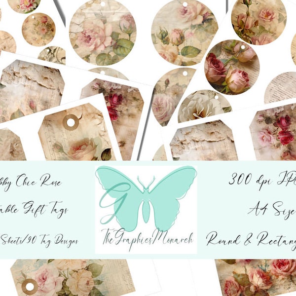 Digital Shabby Chic Rose Tags Bundle, Vintage DIY Gift Tag for Birthday, Collage Sheets Printable, Download, Commercial Use, Blank Design
