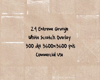 May include: A tan background with white scratch overlays. The image includes the text "24 Extreme Grunge White Scratch Overlay 300 dpi 3600x3600 pxls Commercial use."