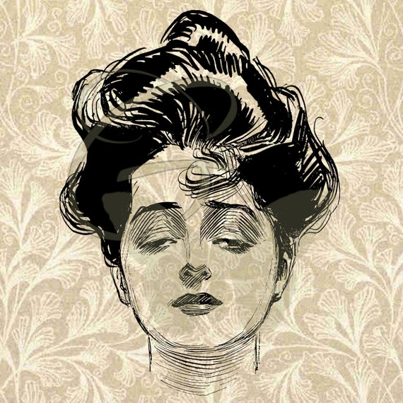 Gibson Girl Hairstyle Illustration Download Hand Drawn Vintage Woman Sketch Portrait Digital Printable Clip Art