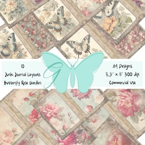 10 papierów do dziennika Butterfly Junk, zestaw Shabby Rose Garden, papiery do dziennika Butterfly, układy kwiatów, układ dziennika Rose, zastosowanie komercyjne