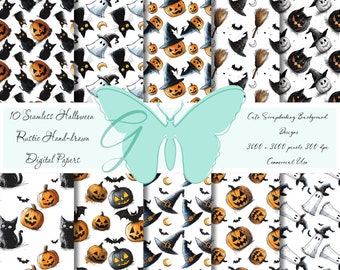 10 Seamless Halloween Digital Paper, Cute Pumpkin Ghost Black Cat Patterns, Hand Drawn Background Scrapbooking Bundle, Printables