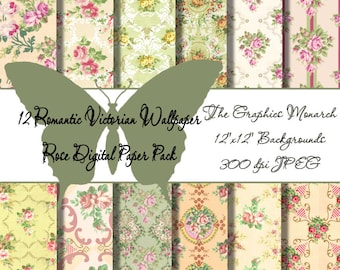 May include: A digital paper pack with 12 romantic Victorian wallpaper designs featuring roses and floral patterns. The designs are in shades of pink, green, and yellow. The paper pack is 12 inches by 12 inches and 300 dpi. The text "12 Romantic Victorian Wallpaper The Graphic Monarch 12"x12" Backgrounds 300 dpi JPEG Roce Digital Paper Pack" is displayed on the image.