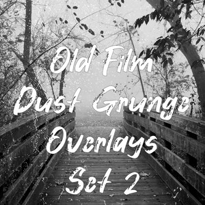 May include: Black and white photo of a wooden bridge in a foggy forest. The text "Old Film Dust Grunge Overlays Set 2" is written in white on the bridge.