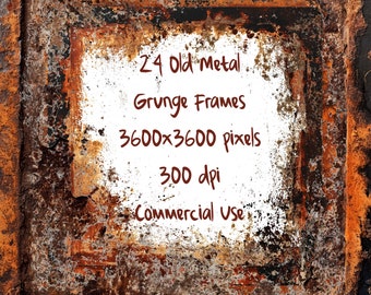 Può includere: Una cornice in metallo arrugginito con sfondo bianco e testo che recita "24 Old Metal Grunge Frames 3600x3600 pixels 300 dpi Commercial Use".