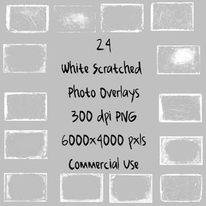 Puede incluir: Un conjunto de 24 superposiciones fotográficas blancas y rayadas de forma rectangular, sobre un fondo gris. El texto indica: "White Scratched Photo Overlays 300 dpi PNG 6000x4000 pxls Commercial Use."