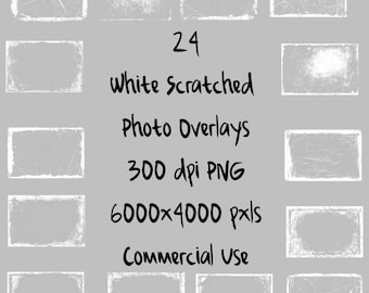 May include: A collection of 24 white scratched photo overlays in a rectangular shape, arranged on a gray background. The text on the image reads "White Scratched Photo Overlays 300 dpi PNG 6000x4000 pxls Commercial Use."