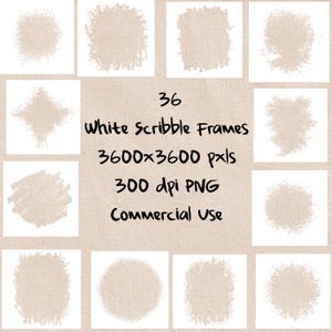 May include: An image featuring 36 white scribble frames in various shapes, set against a neutral background. The text indicates the frames are 3600x3600 pixels, 300 dpi PNG, and for commercial use.