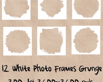 May include: Six white photo frames with a grunge texture are displayed on a beige canvas background. The frames have irregular shapes, including circles and rectangles. The text "12 White Photo Frames Grunge 300 dpi 3600x3600 pxls" is at the bottom.