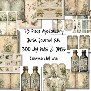 Puede incluir: Un collage de efímeras vintage con temática de boticario. La imagen incluye papel envejecido, ilustraciones botánicas, etiquetas, botellas y páginas de diario. El texto de la imagen dice "75 Piece Apothecary Junk Journal Kit 300 dpi PNG & JPEG Commercial Use."