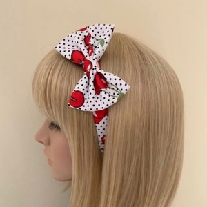 Cherry Print Headband, Bow Headband, Polka Dot Headband, Rockabilly Hairband, Black and White, Punk Accessory, Gift for Her, One of a Kind