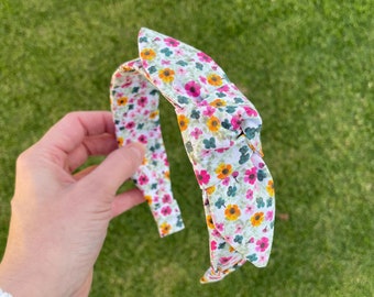 White Mixed Floral Print Knot Bow Headband Vintage Retro Girls Women’s Rockabilly Retro Multi colour Flower Cute Boho Kawaii Kitsch Punk