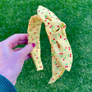 Yellow Cherry Print Knot Bow Headband, Vintage Hairband, Retro, Pinup Girls, Women’s, Rockabilly Hair, Psychobilly, Punk, Fruit, Top Knotted