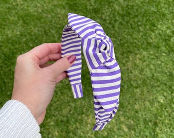 Fascia per capelli con fiocco annodato e stampa a righe viola, fascia per capelli bianco-viola, fiocco per capelli annodato, vintage, retrò, rockabilly, punk, boho, psychobilly