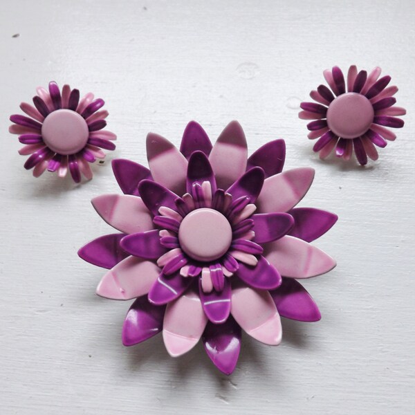 Vintage purple enamel flower brooch or pin earrings jewelry set two tone layered dimensional